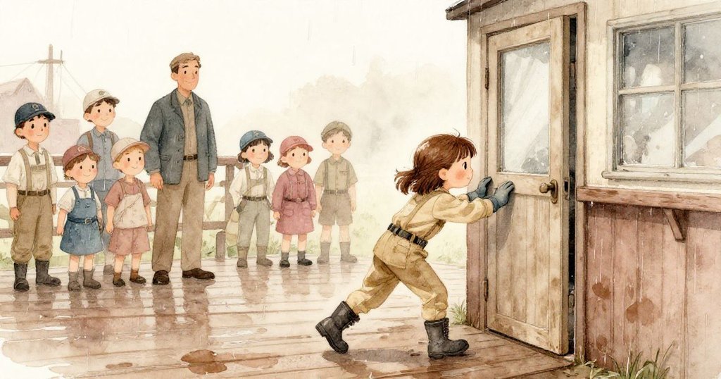 Bea推門登上濕潤甲板,手套上薄荷乳劑閃光,背景中家人同伴靜候,動作充滿冒險期待與溫馨。