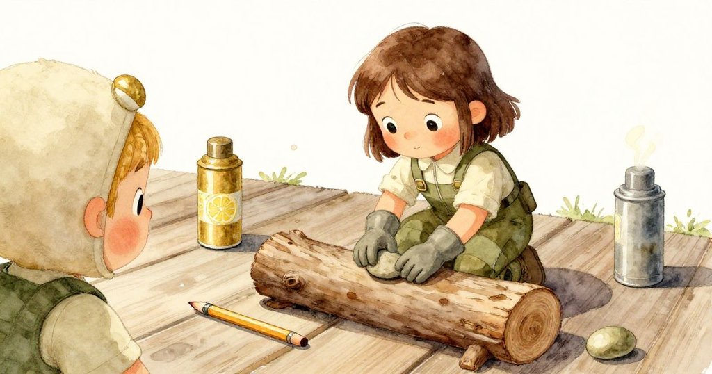 Bea專注於中板上的日誌,巧放圓滑石頭固定紙張,散落文具與散發檸檬蒸氣的小物細節豐富情境。