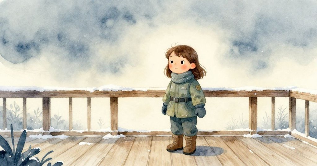 在結霜甲板上,Bea凝視日誌,背景厚重雲層沸騰,自然寒冷中流露出沉思與堅定情感。