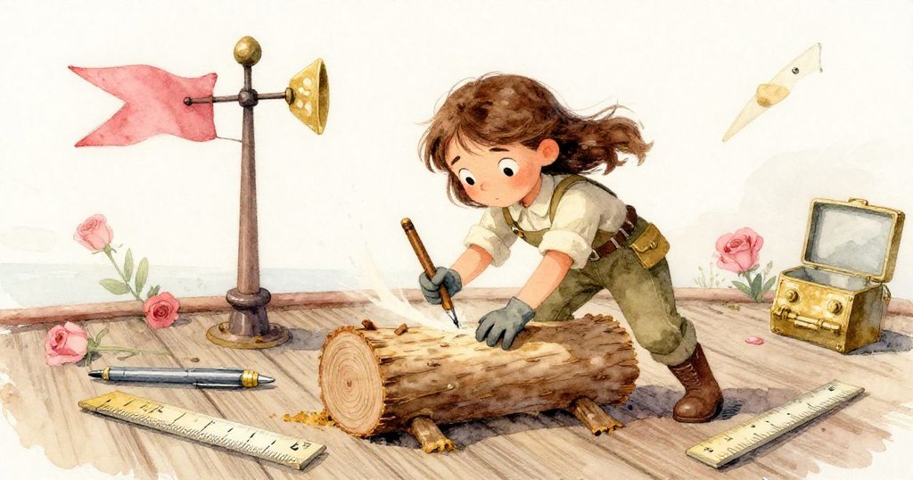 Bea果斷書寫新方向,風中旗幟飛舞,動感甲板上物件飛散,展現堅定抉擇與急切情緒。