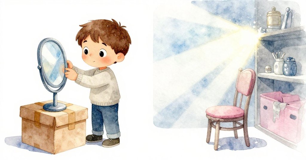 福雷斯特調整鏡子與光束分屏呈現，鏡光跳動在椅背與書架上，動態中展現室內轉折，情節逐步推進