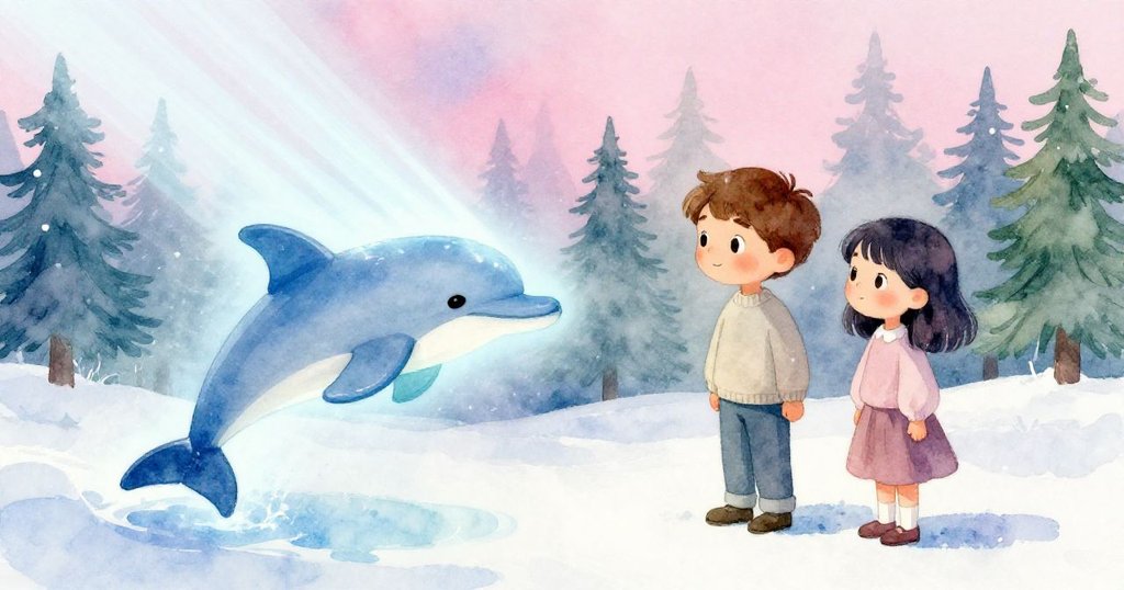 塑膠海豚在精準光束下閃爍魔幻光影，福雷斯特與羅莎在背景欣賞，情節完美收尾，寓意日常中的魔法