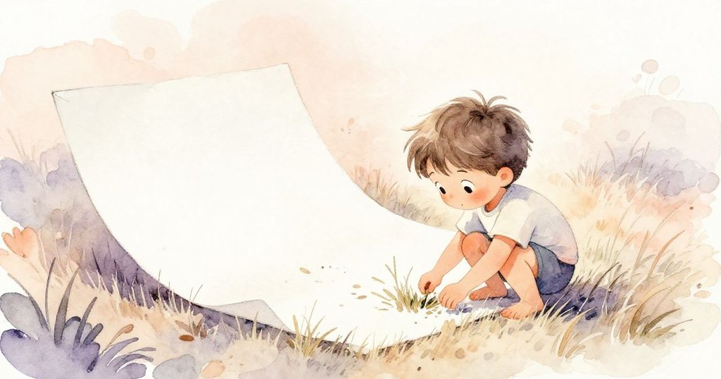 Reese蹲在露天創作空間裡，輕輕拂去紙邊的枯草，神情專注，背景陽光柔和且自然。