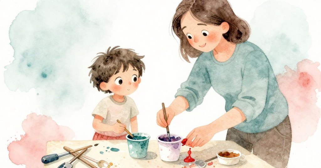 成人在攪拌顏料時，Reese好奇地注視，工具與紙面顯露歲月痕跡，色彩柔和溫暖。