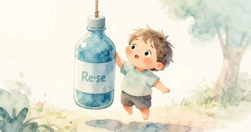 從Reese視角看去，一瓶水藍油彩在陽光下搖擺，動感十足，Reese滿懷驚奇注視著天空。