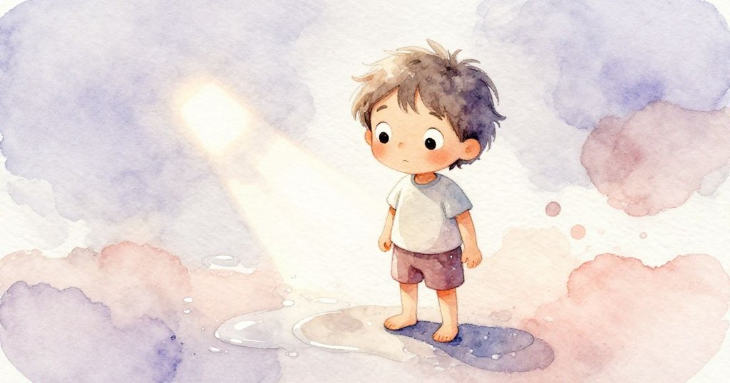 在陽光下，紙上薄水坑閃爍著光芒，細膩展現色彩交織與質地變化，充滿藝術細節。