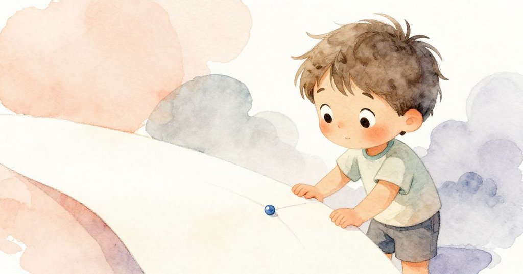 Reese滿意地退後欣賞對稱恢復的紙面，小藍珠沿著摺痕滑向草叢，環境寧靜溫馨。