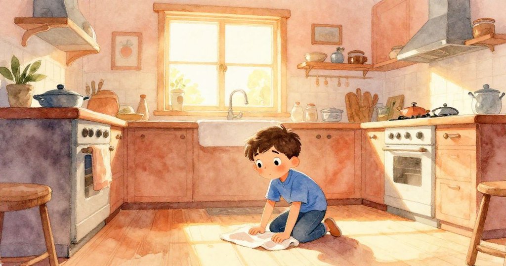 Hollis在溫暖的廚房內蹲在毛巾旁,仔細準備實驗,室內光線柔和,充滿期待與安靜情緒。