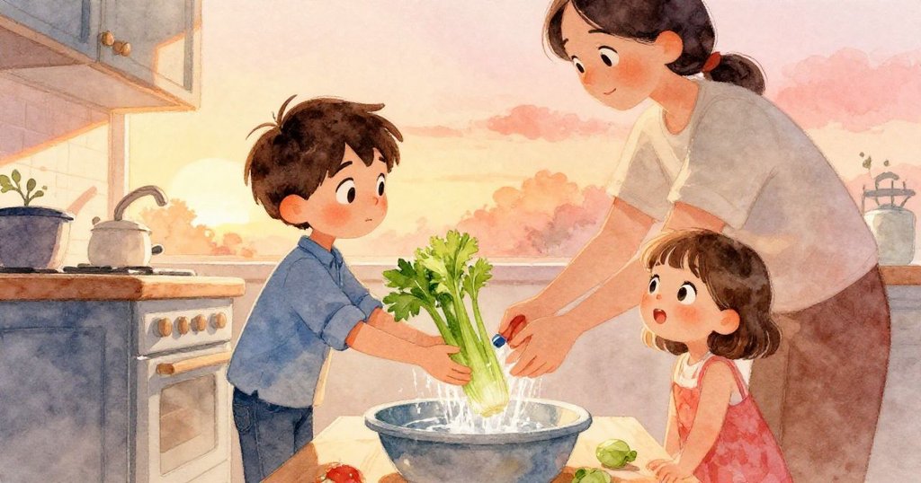 Hollis望著廚房內大人沖洗芹菜與幼女互動,回憶湧上心頭,畫面溫暖充滿親情。