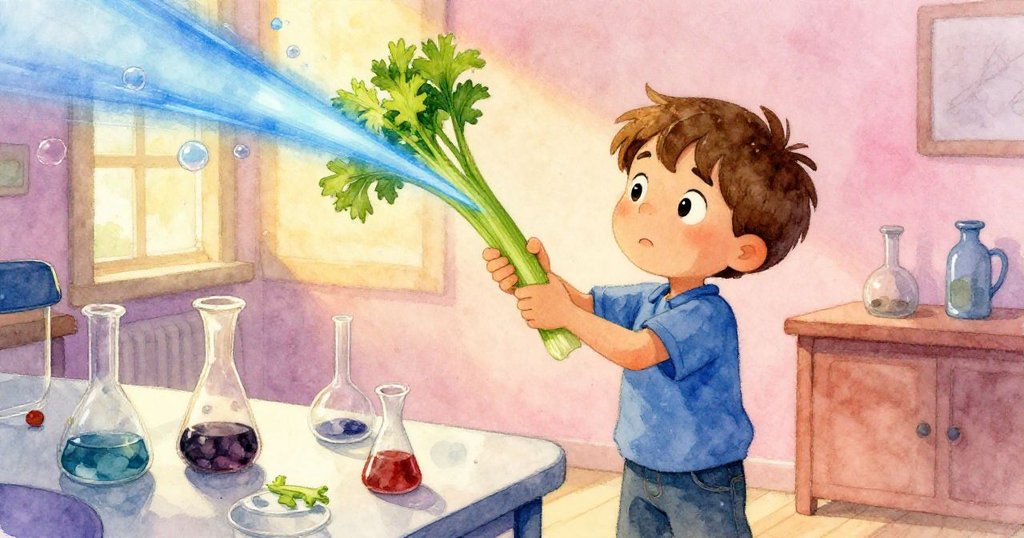 Hollis專注地扭轉芹菜,釋放出藍色液流和小水泡,動態展現實驗轉折,氣氛充滿決心。