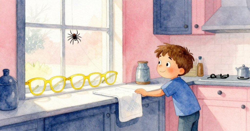 Hollis微笑著看著整齊排列的玻璃與降落的蜘蛛,象徵實驗後恢復秩序,畫面呈現平靜與自然的力量。