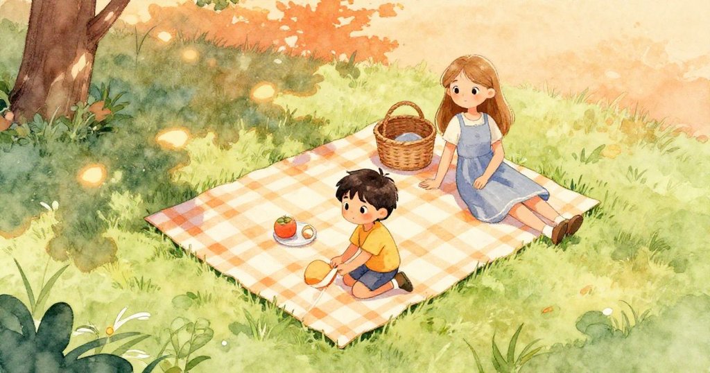 瑞斯在斜坡上調整野餐毯，塔拉旁邊閱讀。從空中俯瞰公園，綠茵與樹影交織，充滿溫暖與活力。