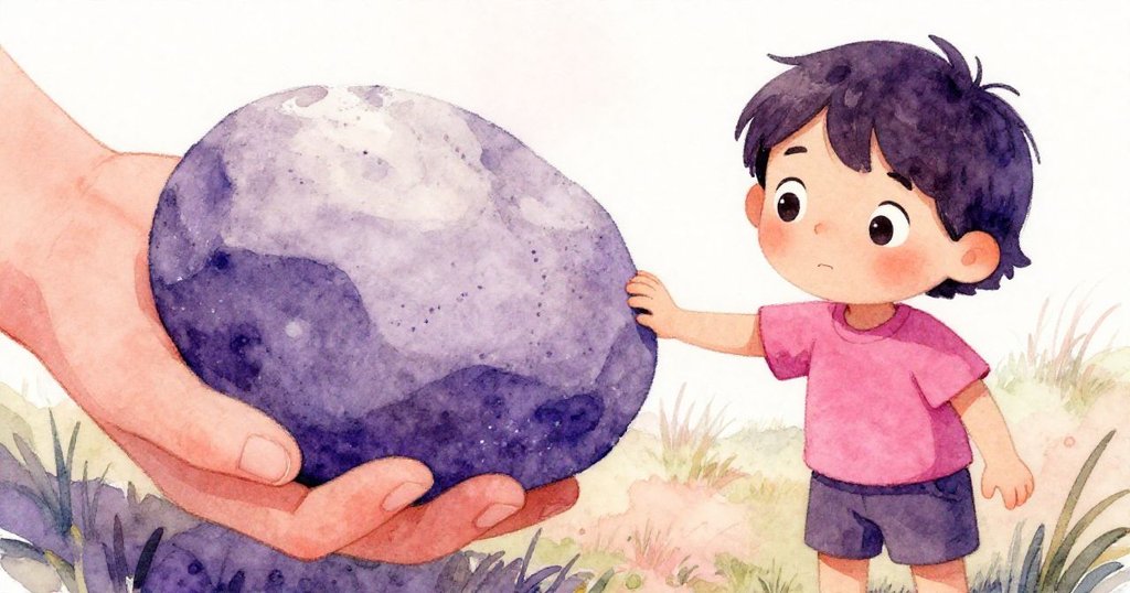 瑞斯仔細把玩刻有微小石英線條的石頭，草地角落散發著寧靜氛圍，展現出對穩定野餐布的希望。