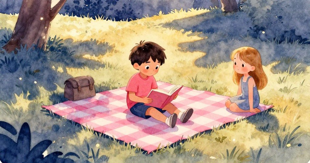 隨著時間推移，夕陽柔和灑落，野餐布安定落位，塔拉專心閱讀，瑞斯靜觀變化，公園中長長陰影展現寧靜與轉變。