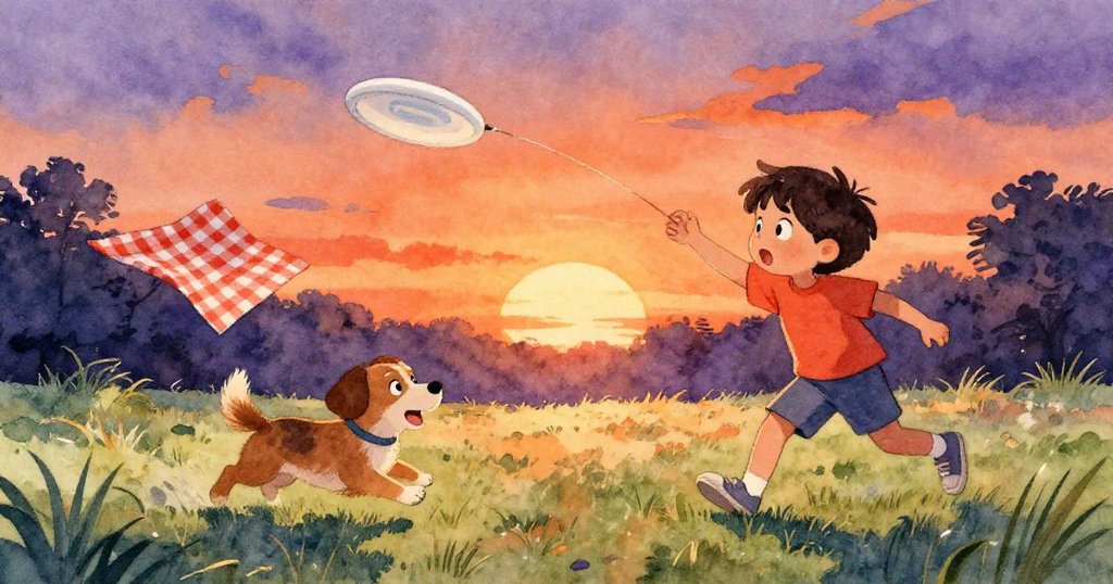 活力四射的狗追逐飛盤，瑞斯迅速反應調整野餐布，背景中夕陽橙光與動感形成強烈對比，展現突然喧鬧。