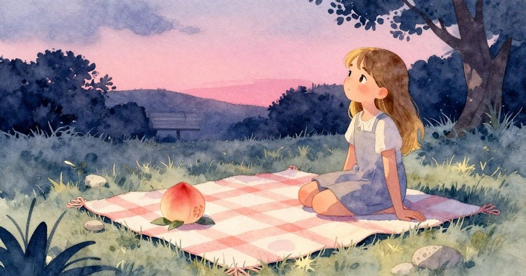 日暮時分，塔拉溫柔注視草上石頭與桃子，野餐布整齊疊放於長椅上，背景展現柔和晚霞與寧靜園景，寓意溫馨告別。