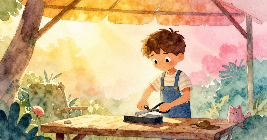 Max在亮光簾下設置剪刀於石板上，剪影鮮明，背景有長椅和植物，神情充滿期待與活力。