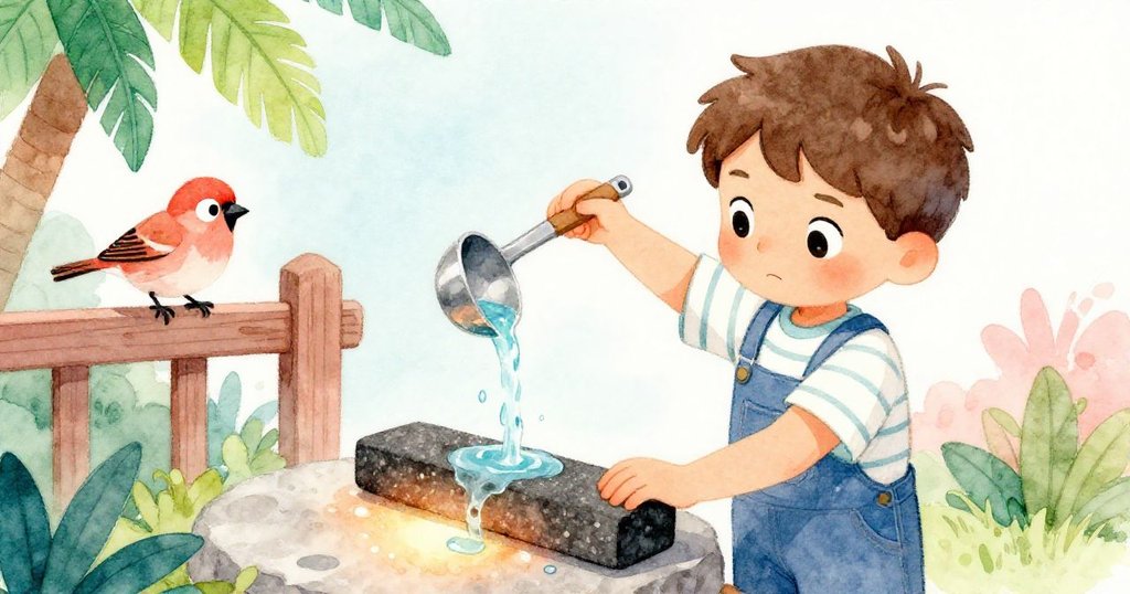 Max正小心倒水於暖石上，水滴與熱石形成鮮明對比，麻雀在旁觀察，氣氛專注而充滿變化。