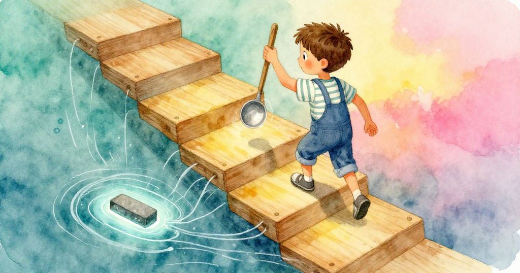 俯視角度展現Max踏上四階木梯，手持水杓，石板上流動水跡清晰，表情認真充滿探索精神。