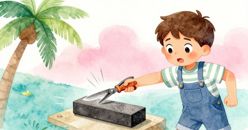 Max迅速伸手捕捉滑動的剪刀夾具，因刀觸石板引發連鎖反應，場面緊湊而充滿動感。