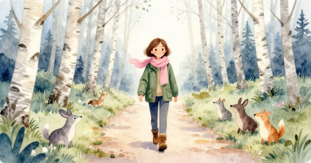 Faye在樺木林中前行，腳步輕快，森林中小動物圍繞，她神情好奇，樹木透出溫柔陽光