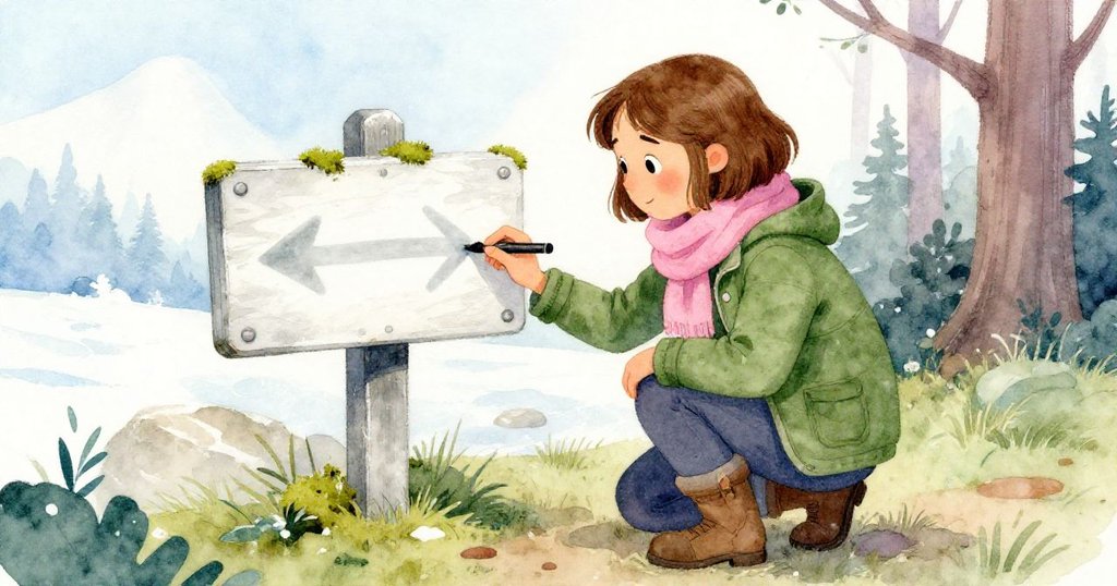 Faye蹲在標誌柱旁，用濕苔蘚輕觸箭頭牌，她神情專注，樹皮與松針環繞於地面