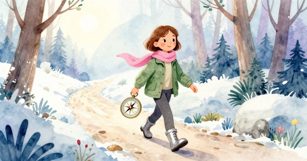 Faye手持穩定指南針，表情輕鬆期待，在森林小徑上邁步前行，隱約聽到Hugo聲音