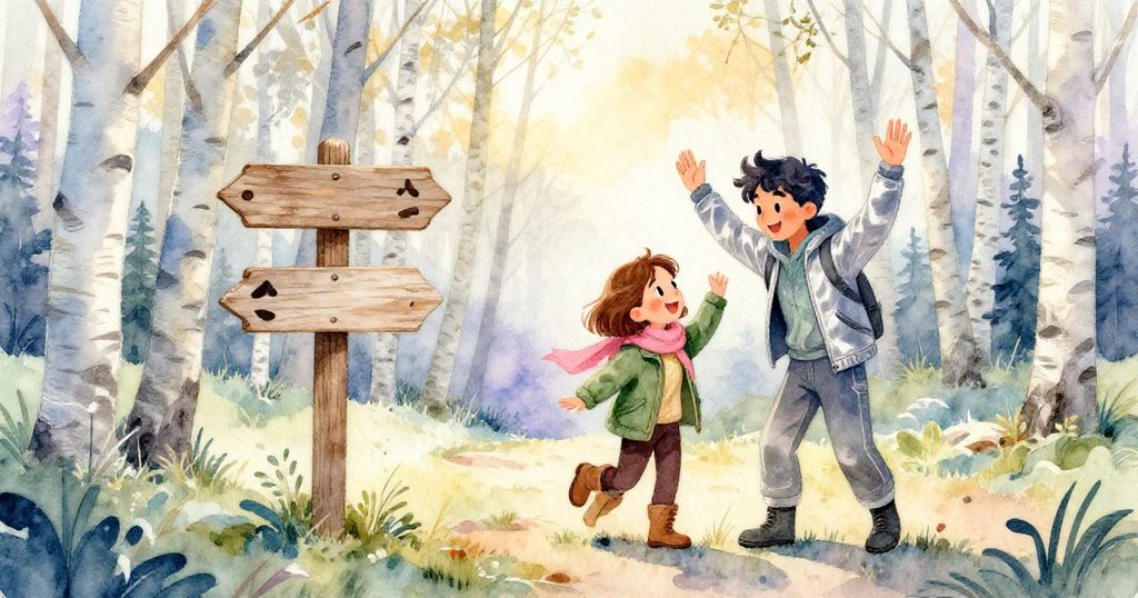 Faye與Hugo在重整後的標誌柱旁歡喜重逢，森林中的樺木與柔和陽光襯托出成功旅程氛圍