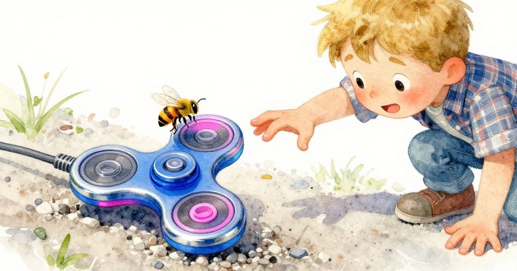 艾美特手伸向在碎石上旋轉的轉接器，一隻小蜜蜂輕觸其邊緣，畫面細膩有趣