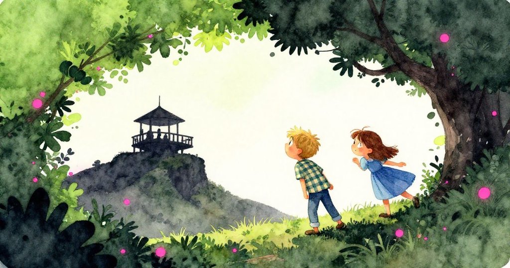 艾美特與艾爾莎透過樹籬縫隙觀察遠處平台上高個輪廓，氣氛充滿好奇與神秘感