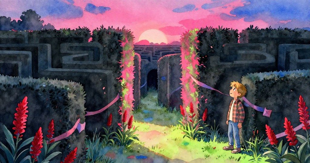 黃昏時分，艾美特站在分叉處猶豫，迷宮牆上紅薇與褪色緞帶在夕陽中呈現戲劇光影