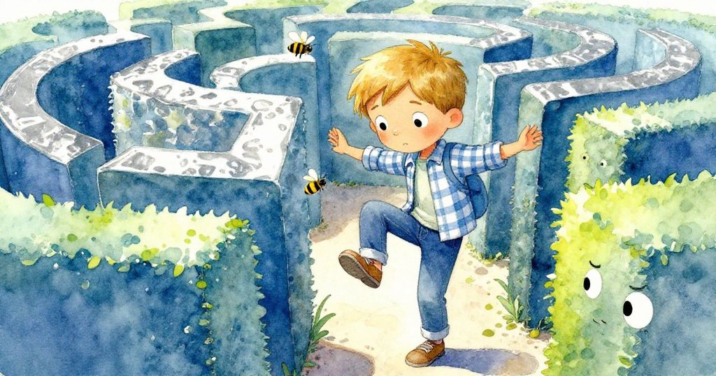 艾美特專注平衡在一隅，神情中帶著焦慮與掙扎，蜜蜂嗡嗡聲襯托自然環境