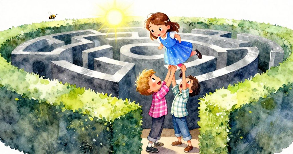 艾美特扶起艾爾莎攀爬低籬笆觀景，兩人笑容滿面，蜂兒掠過帶走微塵，場景充滿溫暖與活力