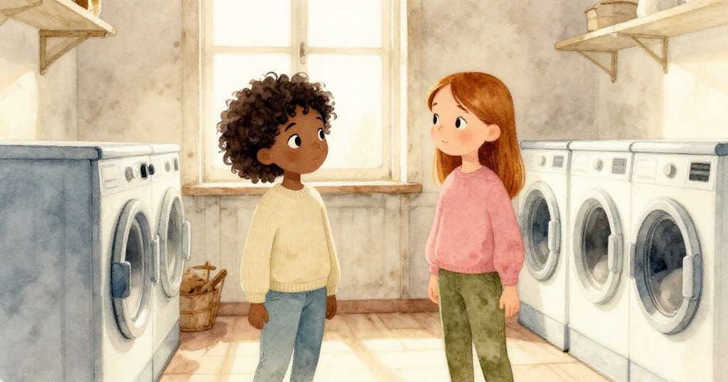 Iris和Tatum在明亮洗衣房中以剪影形式出現，注視停轉的洗衣機，充滿期待與探索的神情，展現故事開端。