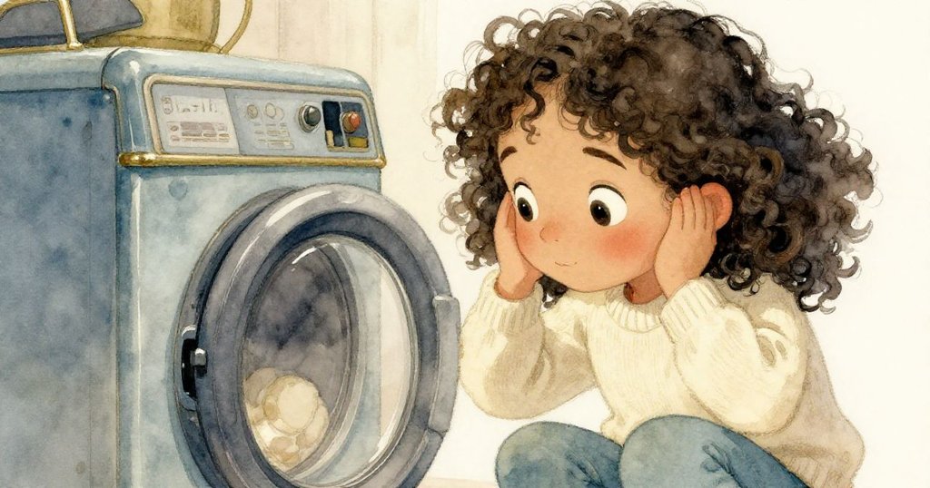 Iris靠近洗衣機，專注聆聽機器發出的聲響，表情充滿好奇與認真，背景帶出溫暖家居感。