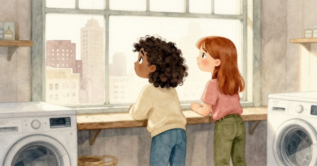 Iris與Tatum站在窗邊凝望遠方閃爍的城市燈光，內外世界交融，情緒由好奇轉向沉思，展現故事中段。