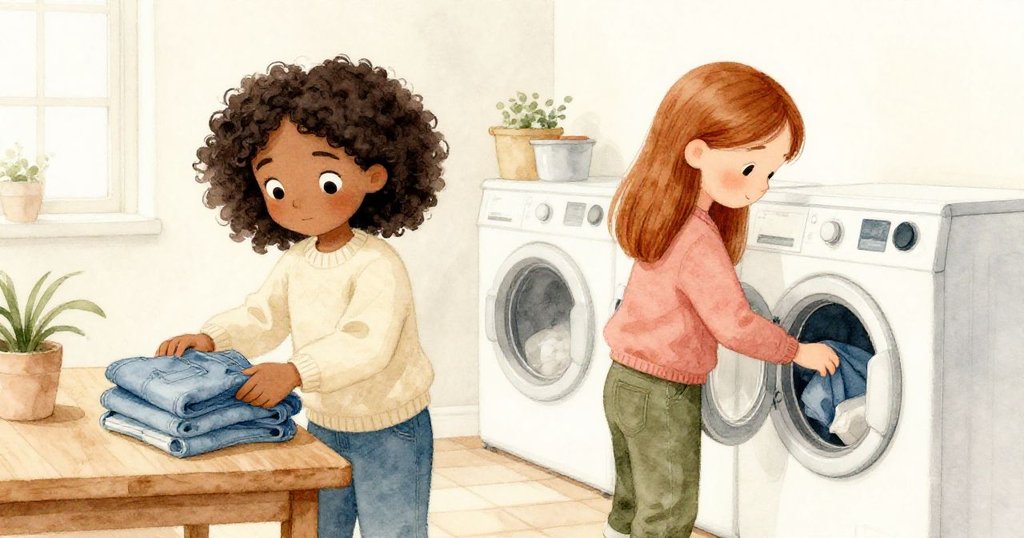 Iris重新啟動洗衣機，Tatum整齊疊放牛仔褲，兩人共同面對新循環，環境有序明亮，展現堅定與希望的未來。