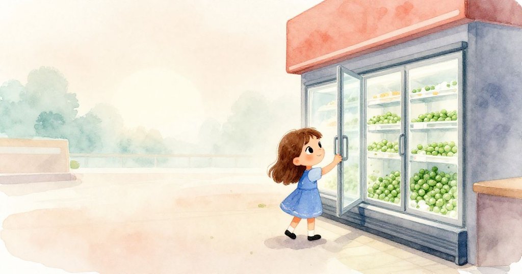 Noemi在超市入口迎接晨光，拉開冰箱門取冷凍豌豆，神情堅定，環境充滿現代感與溫暖光線。