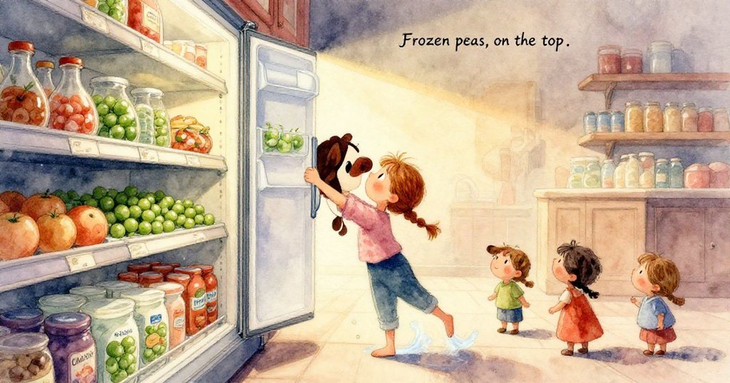 Noemi輕觸冰箱門，特寫展示上層排列整齊的冷凍豌豆，冰霜閃耀，暗示著挑戰與奮鬥。