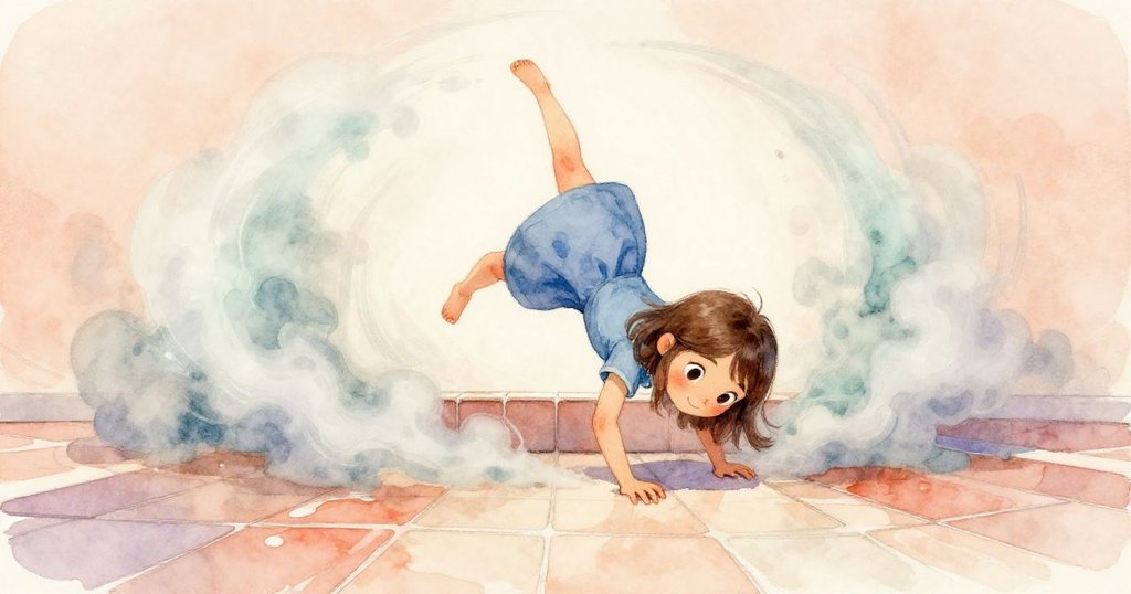 Noemi彎腰推車，輪子卡在瓷磚縫隙中，寒霧纏繞動作誇張，呈現掙扎與挑戰的緊張氛圍。