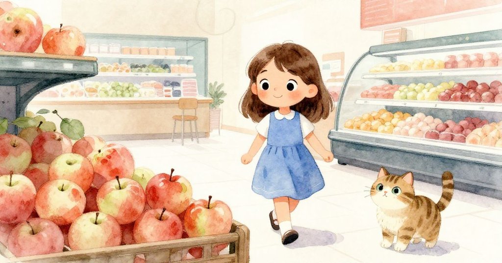 Noemi穩步前行於超市新區，越過裝有碰撞痕跡蘋果的箱子，旁邊的貓咪靜靜注視，充滿探索與期盼。