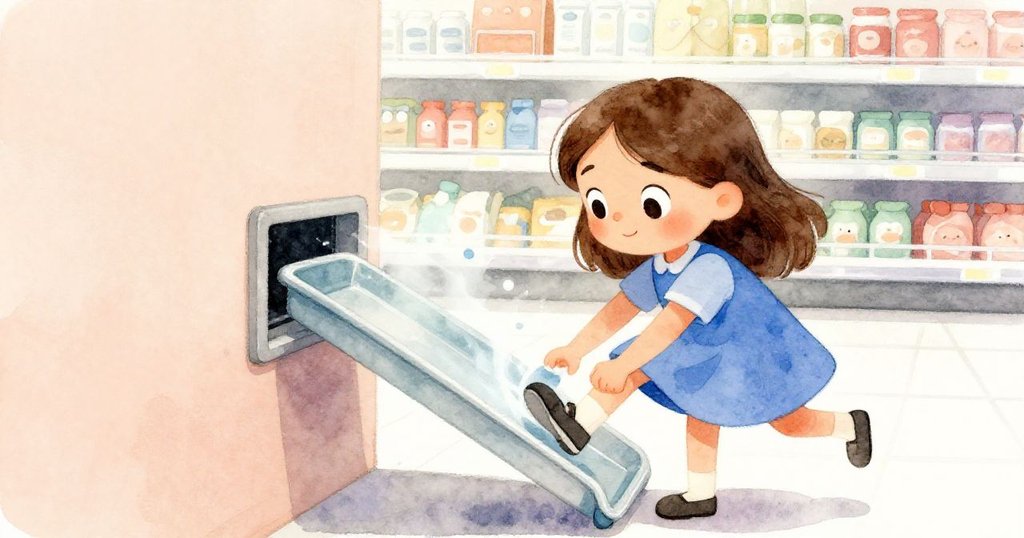 Noemi靈巧地用鞋跟勾住車輪，推動托盤覆蓋狹窄通風口，冷風微溢，展現專注與果斷的瞬間。