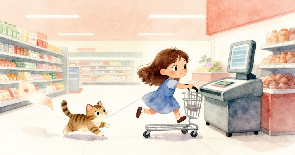 Noemi駛向結帳區，車輪穩行中貓咪嬉戲追逐漸散冷霧，象徵克服挑戰與勝利的喜悅時刻。
