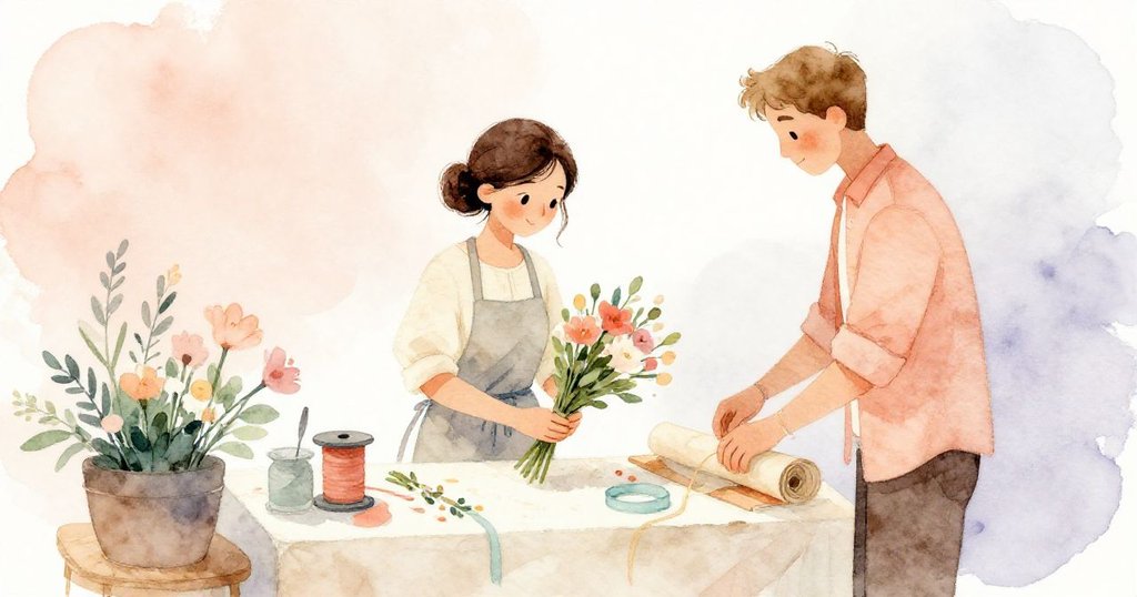 Sable與Jude在花店包裝桌前，背影清晰呈現，花卉與工具映襯出溫馨忙碌情境，故事開端展現合作氛圍