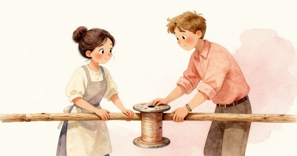 木棍穿過絲帶卷中心，Sable與Jude分別操作絲帶，溫柔光線下展現工作轉換時刻，充滿協作與細膩情懷