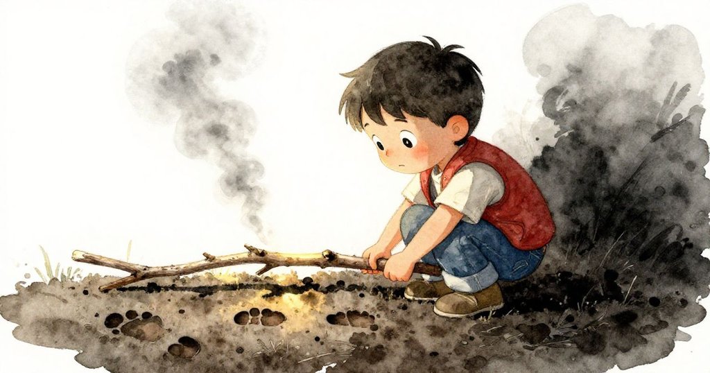 灰色男孩彎腰用指尖觸碰泥濘中的腳印,濕土、長樹枝及斜拍角度展現早晨金光下的神秘探索。