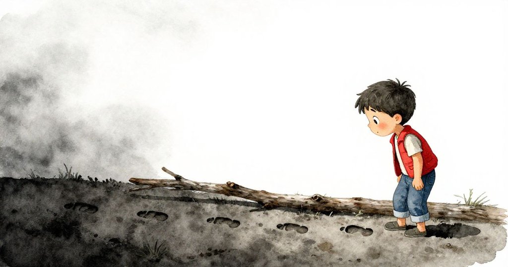 灰色男孩站立於開闊背景中,細察腳印與長樹枝,空曠氛圍襯托出他對石跡探索的專注神情。