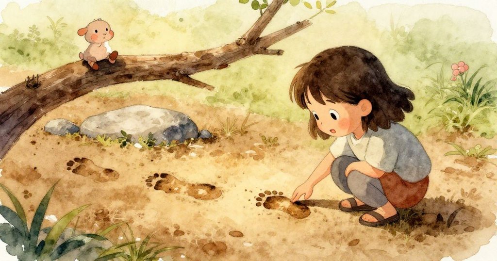 從灰色男孩視角聚焦於他輕撫泥跡的手,濕潤泥土與精細足印細節呼應內心探索之情。