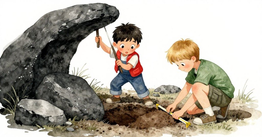 灰色男孩利用細樹枝作為杠桿挑起石頭,遠處弗雷澤蹲下量測用繩標記的溝渠,戶外角度顯示動作協調。