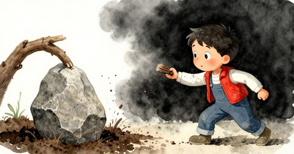 灰色男孩目睹石頭因杠桿作用被挑起,土塵揚起瞬間迅速拂袖,臉上流露出驚訝與忙碌的神情。